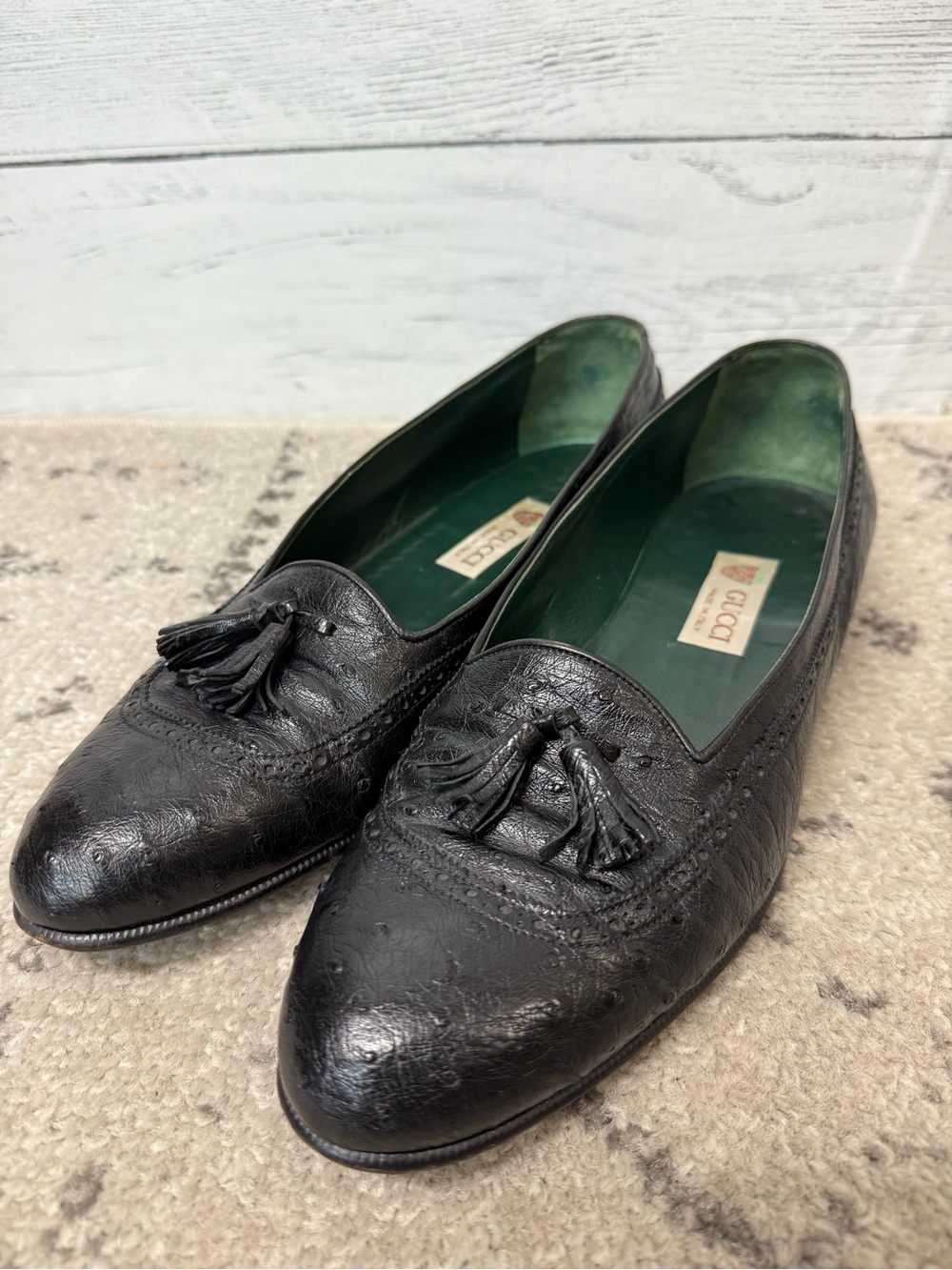 Vintage Ostrich Leather Mens Gucci Tassel Loafers